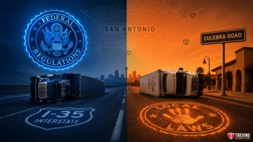 How Does the Location of Your Truck Rollover Impact Your Legal Claim? A split image: Left side shows a semi-truck flipped on an interstate under a blue federal emblem reading “FEDERAL REGULATIONS.” Right side shows a truck flipped on a street under an orange “LOCAL LAWS” symbol, with street signs for San Antonio and Culebra Road.