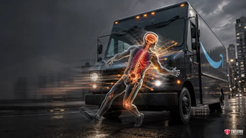 How Does the Massive Force of an Amazon Delivery Truck Physically Impact the Human Body?. A dark Amazon delivery truck strikes a person; the person’s body is shown as a glowing skeleton with nerves and brain highlighted, illustrating injury. The city scene is rainy and dramatic, with the Trevino Injury Law logo in the corner.