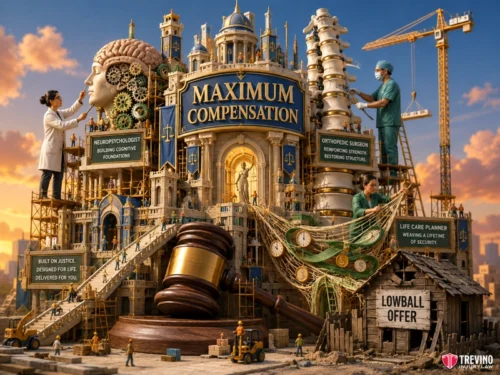 How Does the Severity of Your Rollover Injuries Affect Your Lawsuit's Value? A grand courthouse labeled “Maximum Compensation” is surrounded by giant medical tools, doctors, a brain, and legal symbols. Signs read phrases like “neuropsychologist,” “lowball offer,” and “built on justice,” highlighting legal and medical professions.