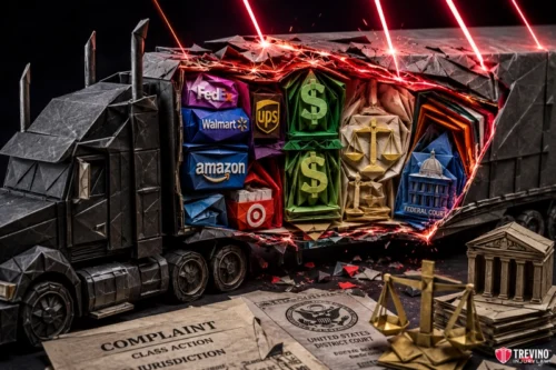 How Is an Underride Crash Investigation Different from a Standard 18-Wheeler Accident? An origami semi-truck splits open, revealing folded paper logos of FedEx, Amazon, Target, Walmart, UPS, dollar signs, U.S. Capitol, and federal court. Red laser lights slice the truck. Foreground: class action lawsuit paperwork and miniature origami courthouse.