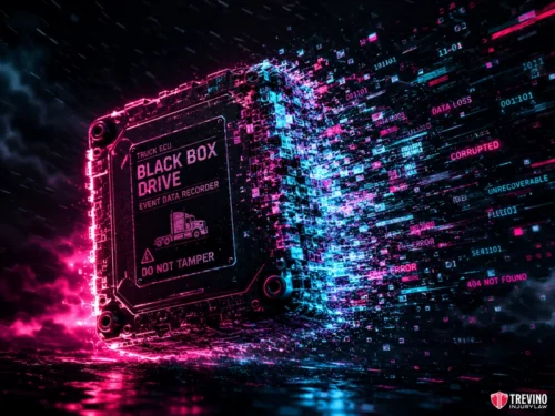 How Long Do You Have to File a Commercial Truck Accident Lawsuit in Texas? A digital illustration of a “Black Box Drive” event data recorder, resembling a computer chip. Data streams in neon pink and blue burst from the box, displaying words like “DATA LOSS,” “UNRECOVERABLE,” and “ERROR,” suggesting data corruption.