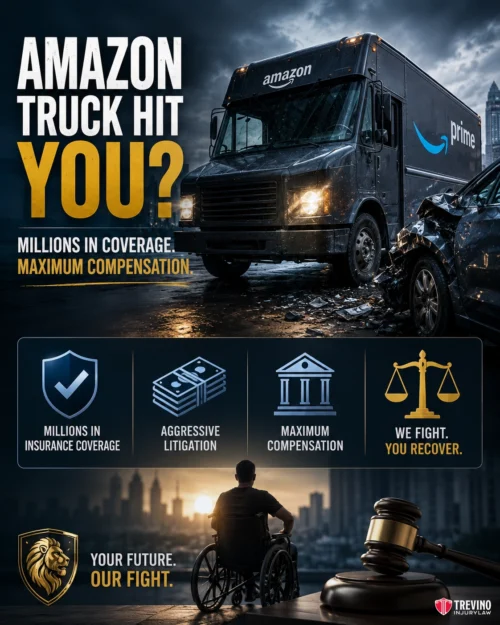 How Much Does Amazon's Commercial Insurance Pay if a Delivery Truck Hits You?. A damaged Amazon Prime truck and a wrecked car are shown on a rainy street. Bold text reads, “AMAZON TRUCK HIT YOU? Millions in coverage. Maximum compensation.” Legal icons and a man in a wheelchair emphasize insurance, litigation, and recovery.