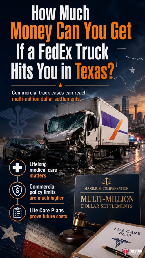 How Much Money Can You Get If a FedEx Truck Hits You in Texas?. A FedEx truck with front-end damage is stopped on a road. Text asks, "How Much Money Can You Get If a FedEx Truck Hits You in Texas?" and mentions multi-million dollar settlements, lifelong medical care, higher policy limits, and life care plans, with legal imagery.