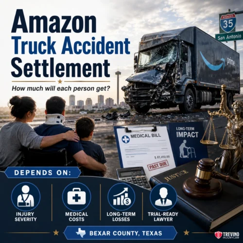 How Much Will Each Person Get From an Amazon Truck Accident Settlement in Bexar County?. A damaged Amazon Prime truck sits on a highway near San Antonio. A woman with a sling and a man talk to a lawyer at a table with medical bills, a broken laptop, legal documents, and justice symbols. Text covers truck accident settlements in Bexar County, Texas.