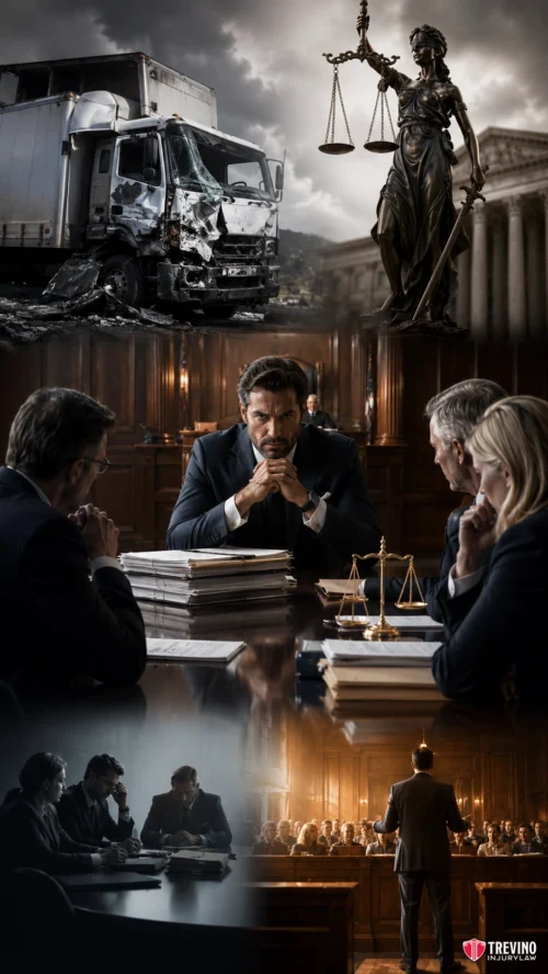 How Much of a Commercial Delivery Truck Settlement Will I Actually Get?. Montage of legal imagery: wrecked truck beside Lady Justice, lawyers in meeting, and a speaker addressing a courtroom.