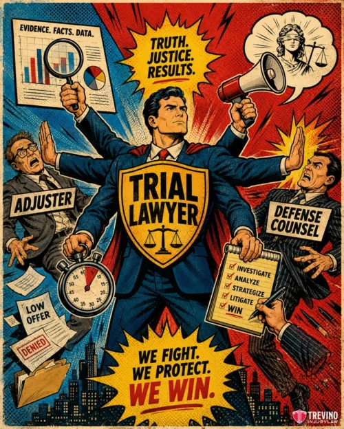 How do Texas trial lawyers defeat the trucking company's defense tactics? A heroic trial lawyer in a suit stands confidently, extending six arms to block an adjuster, defense counsel, and hold items like a clock, scales, and clipboard. Bold phrases promote truth, justice, and victory, with comic-book style colors and graphics.