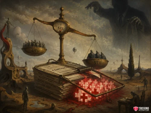 How do insurance adjusters weaponize the Texas 51% bar rule to deny your medical payouts? A surreal scene shows a golden balance scale atop legal documents. One side, labeled 51%, holds suited men; the other, labeled 49%, holds fewer people. Red crosses pour from a mousetrap on the papers. A shadowy figure looms in a barren, dreamlike landscape.