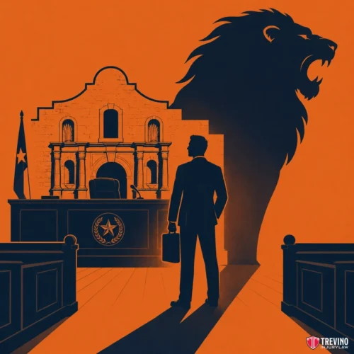 How do you choose a qualified San Antonio trial attorney for a complex commercial truck case? A lawyer stands in a courtroom, backlit so his shadow merges into a roaring lion. Behind him is a judge’s bench with a Texas flag and the outline of the Alamo, all on an orange background. The image is bold and dramatic, evoking strength and Texas pride.