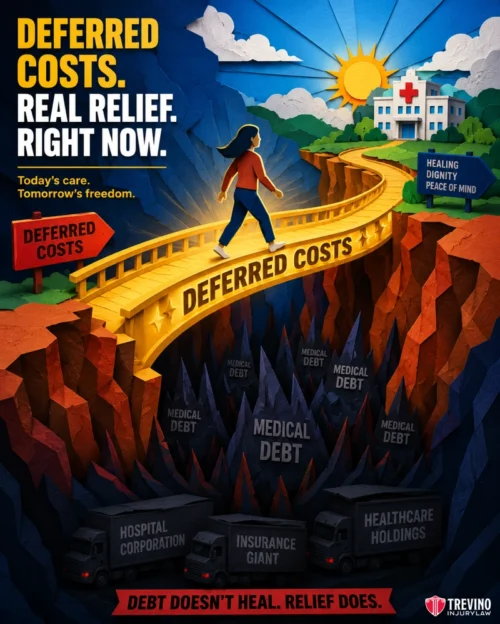 How do you get medical treatment before the trucking company settles your injury claim? A woman walks on a yellow bridge labeled "Deferred Costs" toward a sunlit hospital, while dark cliffs below, labeled "Medical Debt," trap people and entities like hospitals, insurance, and healthcare. The caption reads, "Debt doesn’t heal. Relief does.