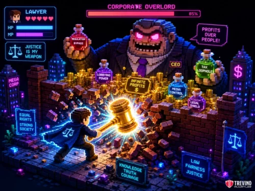 How do you handle medical bills and lost wages when a trucking insurance carrier delays your claim? A pixel art scene shows a heroic lawyer battling a giant, villainous CEO labeled "Corporate Overlord." The lawyer wields a glowing gavel, facing barriers of "infinite profits." Bright neon labels highlight justice themes, while the CEO sits behind "profit" defenses.