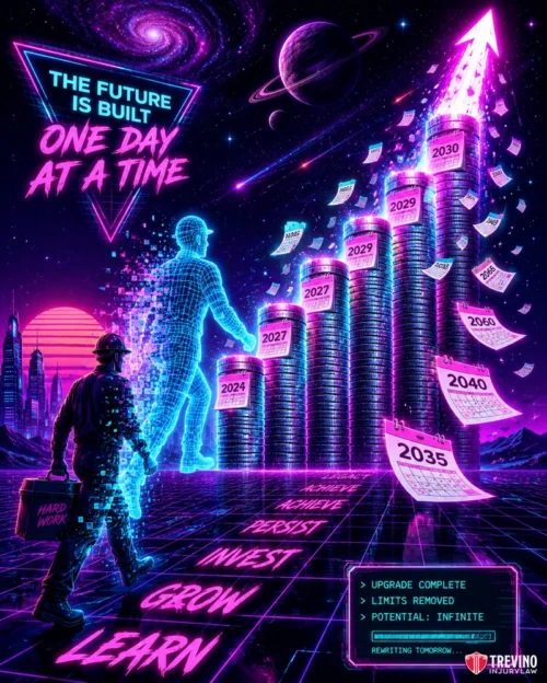 How does a trial lawyer calculate and recover your massive lost wages? A neon, futuristic scene shows a pixelated figure ascending glowing steps labeled "LEARN," "GROW," "INVEST," and more, toward floating years 2025–2035. Papers fly upward; city skyline, planets, and a pink sky are in the background. Text reads, "The future is built one day at a time.