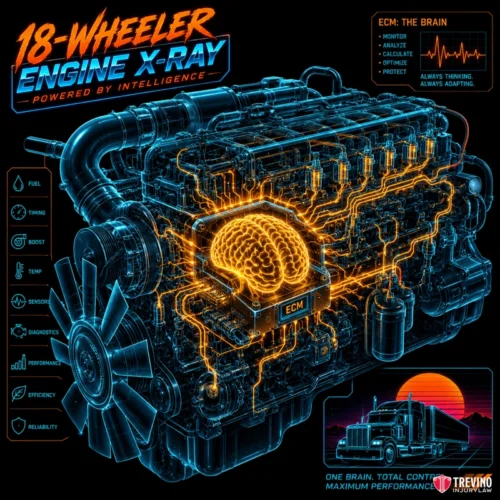 How does a trial lawyer uncover hidden evidence to prove trucking company negligence? X-ray style illustration of a semi-truck engine with glowing orange lines highlighting digital pathways and a brain graphic labeled ECM. Icons for fuel, timing, diagnostics, and more appear on the side, with a small truck and sunset at the bottom right.