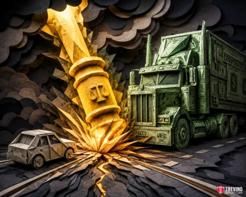 How does an attorney's trial record affect your jackknife truck accident settlement? A dramatic paper art scene shows a yellow justice statue smashing between a small gray car and a large green truck on cracked roads, with stormy dark clouds overhead. The truck is labeled “Greed Inc.”, symbolizing a clash of justice and corporate greed.