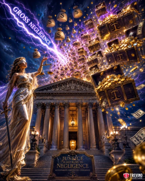 How does proving gross negligence increase compensation in San Antonio truck crashes? A goddess-like Lady Justice stands before a grand courthouse. Lightning strikes as gold coins and money bags labeled with dollar signs pour from treasure chests. The words “GROSS NEGLIGENCE” and “Justice is not blind to negligence” appear among swirling clouds.