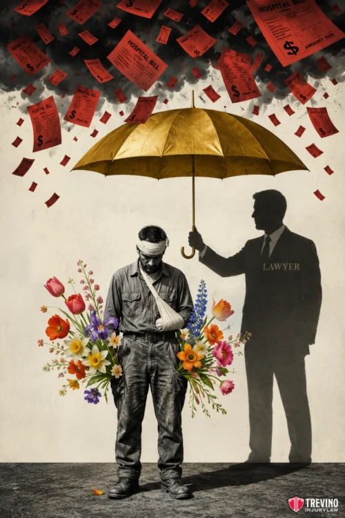 How much does it cost to hire a specialized trial attorney for a jackknife crash? A blindfolded, injured man with flowers around him stands beneath a large golden umbrella held by a shadowy lawyer figure. Hospital bills rain down from dark clouds above but are blocked by the umbrella. The lawyer's silhouette says "LAWYER.