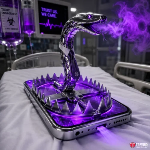 How should you handle calls from commercial trucking insurance adjusters after a rollover? A metallic snake with a necktie and glowing purple eyes rises from a smartphone surrounded by sharp spikes. Purple smoke emits from its mouth. The scene is set in a hospital bed, with IV bags and a monitor displaying “TOXIC ENGAGEMENT” and “TRUST US. WE CARE.”.