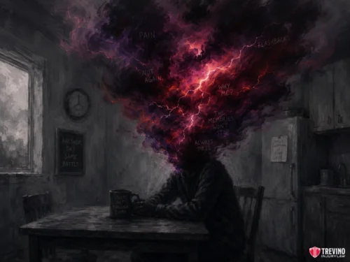 Is It Worth Suing for Pain and Suffering After a Commercial Collision? A person sits at a kitchen table, head replaced by a swirling, dark storm of smoke and lightning. Words like “PAIN,” “FLASHBACKS,” and “WHY ME?” float in the storm. The dim room is somber, with a mug and a sign reading “Another day same battle.”.