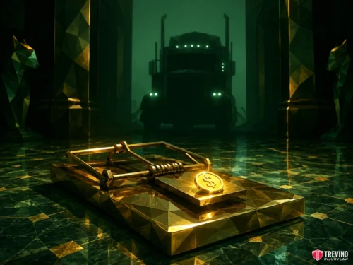 Should I accept the first settlement offer from a commercial trucking adjuster? A golden mousetrap with a dollar sign sits on a shiny marble floor. In the background, a dark semi-truck with glowing lights looms between two gold cat statues. The scene has dramatic green lighting. Trevino Injury Law’s logo appears in the corner.