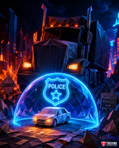 Should You Call the Police Immediately After a Jackknife Crash? A digital artwork shows a police car with a glowing blue shield and badge symbol in front of a large truck at night. Origami-style shapes form the vehicles and landscape. Neon signs read “DANGER” and “NEXT EXIT NOWHERE.” The scene is dramatic and stylized.
