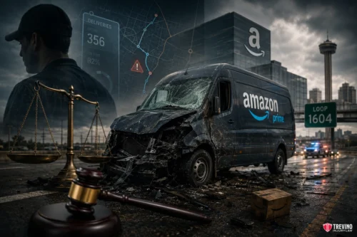 What Are the Grounds for Suing Amazon After a Severe Delivery Crash in Bexar County?. A crashed Amazon Prime van is shown on a city road with police lights, a scale of justice, gavel, and legal imagery faded into the scene. A delivery route map, driver silhouette, and skyscrapers appear, symbolizing legal and delivery consequences.