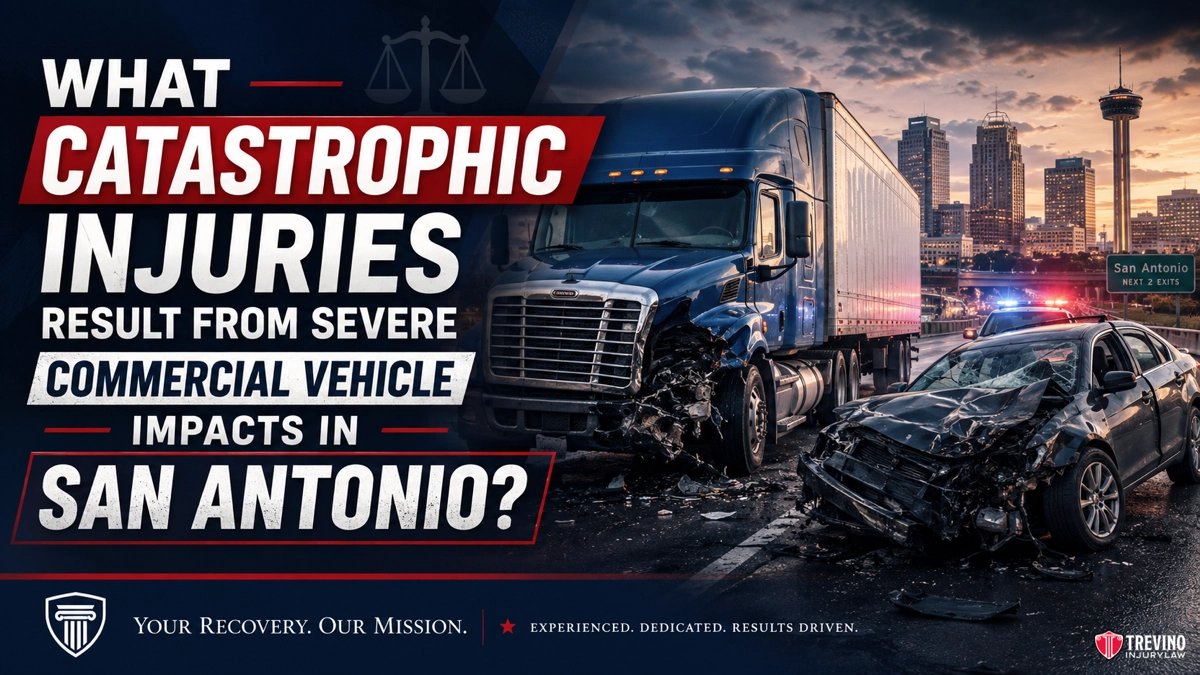 What Catastrophic Injuries Result From Severe Commercial Vehicle Impacts in San Antonio?. A large blue semi-truck and a black car are severely damaged after a collision on a city street at dusk, with police lights flashing and San Antonio’s skyline in the background. Text asks about catastrophic injuries from commercial vehicle impacts in San Antonio.