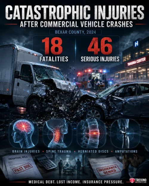 What Catastrophic Injuries Result from Severe Commercial Vehicle Impacts?. A white van and pickup truck collide at night, surrounded by emergency responders and police cars. Text highlights 18 fatalities and 46 serious injuries in Bexar County, 2024. Graphics show brain injuries, spine trauma, herniated discs, amputations, and hospital bills.