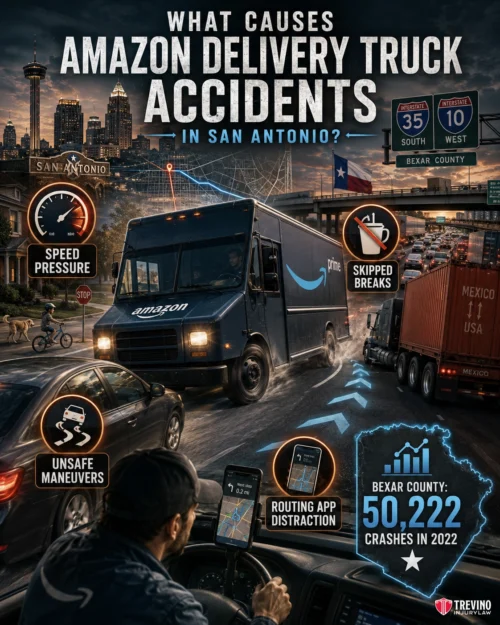 What Causes Amazon Delivery Truck Accidents and Who Is Liable?. A dark Amazon delivery truck speeds through rainy San Antonio traffic at sunset, past a highway sign. Icons highlight causes of accidents: speed pressure, skipped breaks, unsafe maneuvers, and routing app distraction. A stat shows Bexar County had 50,222 crashes in 2022.
