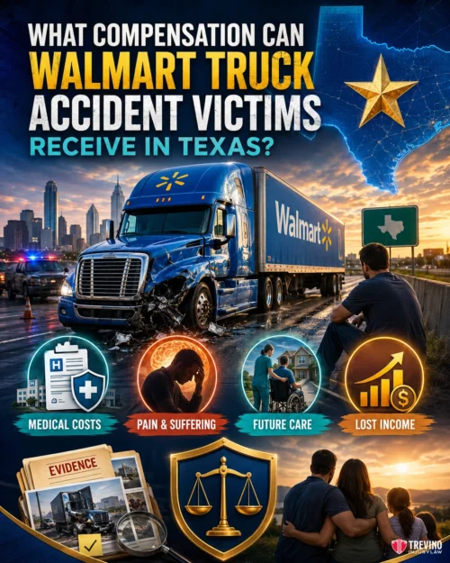 What Compensation Can Walmart Truck Accident Victims Receive in Texas?. A graphic asks what compensation Walmart truck accident victims can receive in Texas, showing a crashed Walmart truck, a Texas state outline, icons for medical costs, pain & suffering, future care, lost income, evidence, legal scales, and people consulting a lawyer.