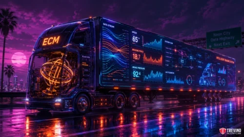 What Digital Evidence Proves the Truck Driver Created an Underride Hazard? A futuristic semi-truck glows with neon lights, displaying complex digital graphs, charts, and data on its side. The truck drives on a wet highway at night, with a vibrant purple sky, palm trees, and a city skyline in the background.