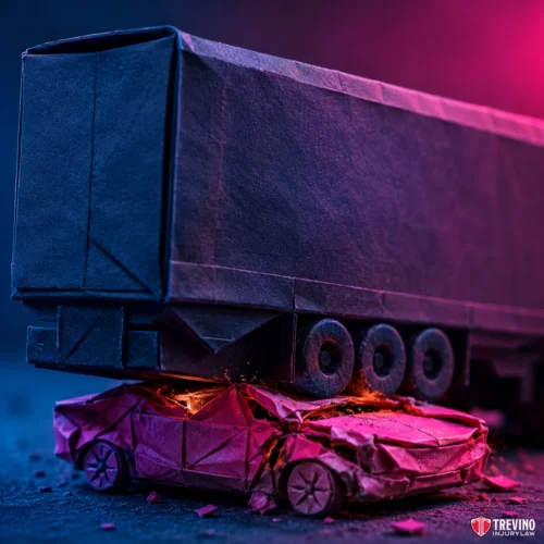 What Exactly Constitutes an Underride Accident? A paper model of a semi-truck crushes a paper car beneath its trailer. The scene is dramatically lit with blue and pink lights. Debris and crumpled edges highlight the collision. The Trevino Injury Law logo appears in the bottom right corner.