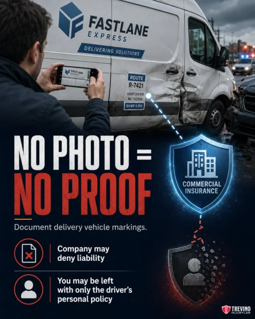 What Happens If You Do Not Document the Delivery Vehicle's Commercial Markings?. A person photographs a damaged Fastlane Express van after an accident. Text highlights the importance of photographing delivery vehicle markings for insurance, stating “No photo = no proof.” Company and personal insurance implications are illustrated.