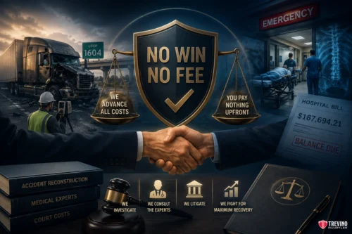 What Happens If You Don't Secure Immediate Attorney Involvement?. Two people shake hands in front of a shield reading "NO WIN NO FEE." Behind them: a truck accident scene and hospital emergency room. Icons below show legal services like accident reconstruction and litigation. A hospital bill, gavel, and law book are also visible.