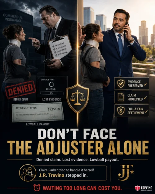 What Happens If You Try to Handle a Commercial Insurance Adjuster Without an Attorney?. A woman speaks anxiously to two suited male insurance adjusters. Her denied claim documents and low settlement appear beside her. Text: “Don’t Face the Adjuster Alone. Denied claim. Lost evidence. Lowball payout.” Logo for J.R. Trevino Injury Law, and “Waiting too long can cost you.”.