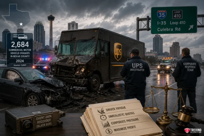 What Happens When a UPS Driver Gets into an Accident in San Antonio?. A rainy city street crash scene with a damaged UPS truck, two investigators, and police. A clipboard lists causes like "Driver Fatigue." Nearby, a digital graphic shows stats: "2,684 commercial vehicle crashes in Bexar County, 2024." Highways signs and city skyline in background.