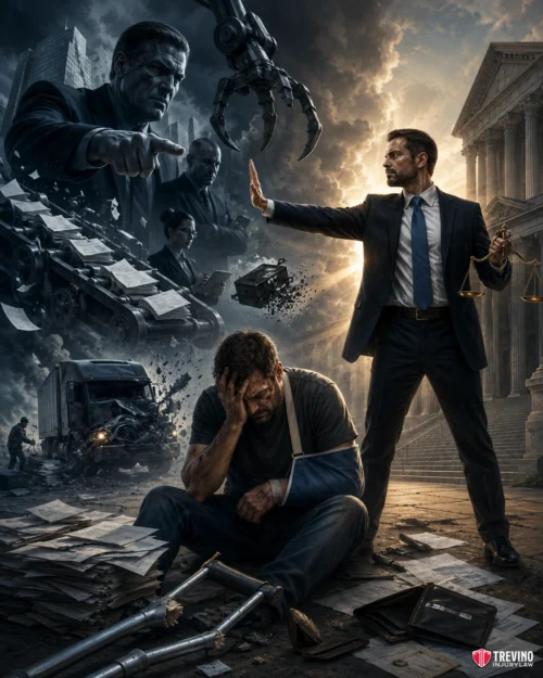 What Happens Without a Trial Lawyer Fighting the Commercial Insurer?. A man in a suit holding scales and raising his hand stands protectively over an injured, distressed man. Behind them, dark robotic and legal figures loom, papers fly, and chaos unfolds, symbolizing legal and personal struggle.