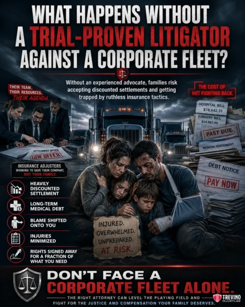 What Happens Without a Trial-Proven Litigator Against a Corporate Fleet?. A distressed family huddles in front of a large truck at night. Warning labels, legal bills, and debt notices surround them. Bold text warns about facing corporate fleets without an experienced litigator. Red highlights emphasize the risks and consequences.
