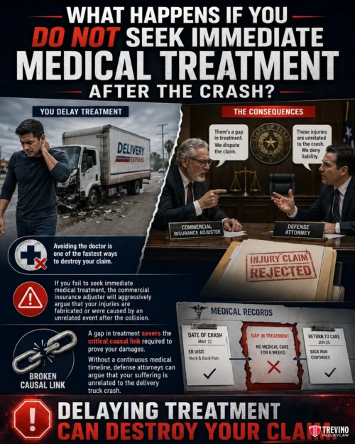 What Happens if You Do Not Seek Immediate Medical Treatment After the Crash?. An infographic shows a man with an injured arm avoiding a doctor, a courtroom scene, and legal documents. Text explains that delaying medical treatment after a crash can break the causal link, resulting in denied injury claims and jeopardizing legal cases.