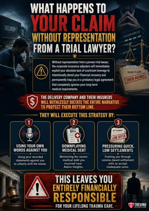 What Happens to Your Claim Without Representation From a Trial Lawyer?. A dramatic infographic warns that without a trial lawyer, insurance companies will manipulate claims, using recorded statements against you, downplaying injuries, and pressuring quick settlements, leaving you fully responsible for lifelong trauma care costs.