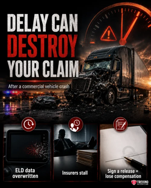 What Happens to Your Injury Claim if You Delay Taking Legal Action?. A damaged semi-truck and car after a crash, speedometer in background. Bold red text: "Delay Can Destroy Your Claim." Below: icons for ELD data, insurers, and legal documents with text: “ELD data overwritten,” “Insurers stall,” “Sign a release = lose compensation.”.