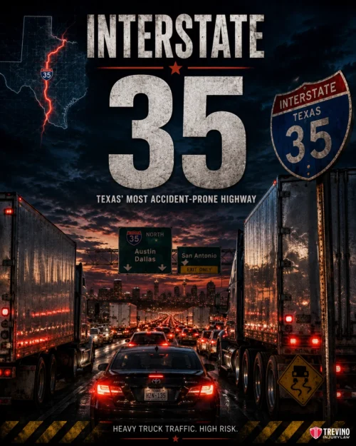 What Highway in Texas Has the Most Accidents?. A dramatic scene showing heavy truck traffic at sunset on Interstate 35 in Texas, with illuminated highway signs for Austin, Dallas, and San Antonio. Text reads “INTERSTATE 35: Texas’ most accident-prone highway. Heavy truck traffic. High risk.”.