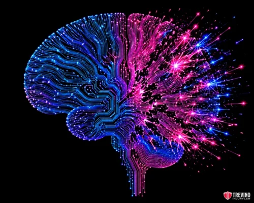 What Immediate Medical Protocols Apply to Passenger Compartment Intrusions? A digital illustration of a human brain outlined with blue and pink circuit-like lines. The left side is mainly blue and orderly, while the right side is pink with glowing, star-like bursts, suggesting creativity and technology. Black background. Logo at bottom right.