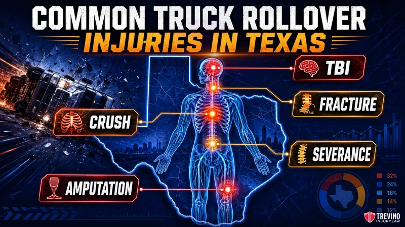 What Injuries Are Common After a Commercial Truck Rollover Accident? Infographic titled “Common Truck Rollover Injuries in Texas” with an image of a truck rollover, a map of Texas, and an outlined human body. Illustrated injury icons label TBI, Fracture, Crush, Severance, and Amputation at different body areas.