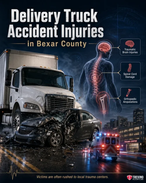 What Injuries Commonly Result from Delivery Truck Accidents in Bexar County?. A large white delivery truck and a black car have collided at night, with visible damage to the car. An ambulance approaches. Medical illustrations highlight traumatic brain injuries, spinal cord damage, and orthopedic amputations. Text mentions Bexar County accidents.