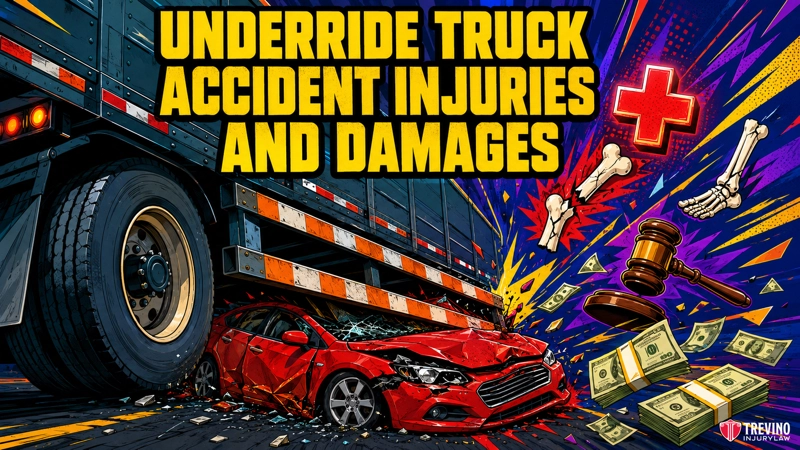 What Injuries and Damages Happen in an Underride Truck Accident? A red car is crushed under the rear of a large truck. Bold yellow text reads “Underride Truck Accident Injuries and Damages.” Surrounding graphics include bones, a first aid cross, a gavel, and flying money, all on a dynamic, comic-style background.