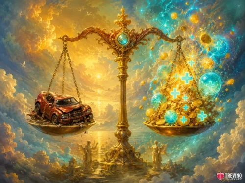 What Is the Average Settlement for an 18-Wheeler T-Bone Accident? A golden scale floats in the sky; one pan holds a wrecked red car, while the other overflows with glowing symbols of health and money. Ornate clouds and statues fill the background, evoking the theme of justice, loss, and compensation.