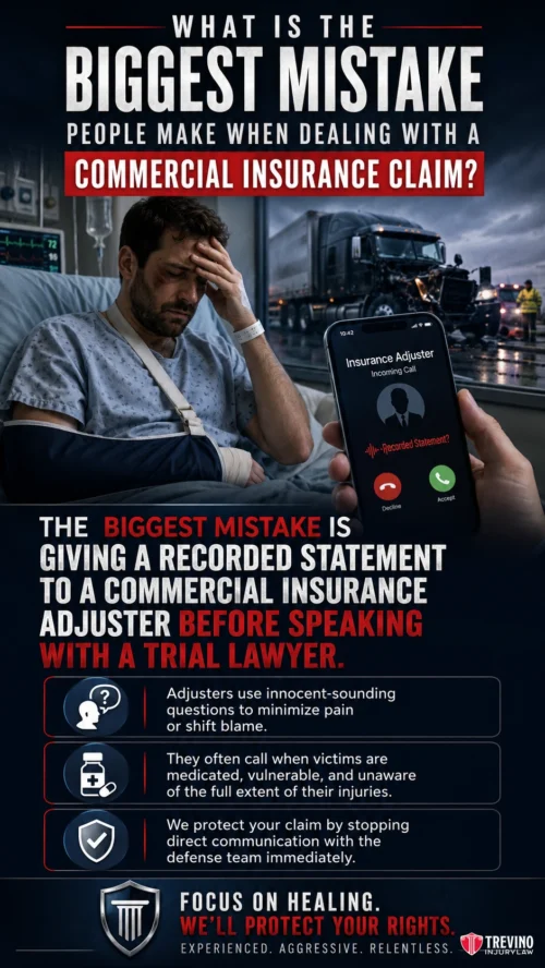 What Is the Biggest Mistake People Make When Dealing With a Commercial Insurance Claim?. A worried man with a bandaged arm sits in a hospital bed, holding a phone displaying an incoming call from "Insurance Adjuster." Large bold text reads: "What is the biggest mistake people make when dealing with a commercial insurance claim?" The answer warns against giving a recorded statement to an adjuster before talking to a trial lawyer. Additional text explains adjusters use recorded statements to limit payouts and that lawyers help protect clients. Trevino Injury Law branding appears at the bottom.