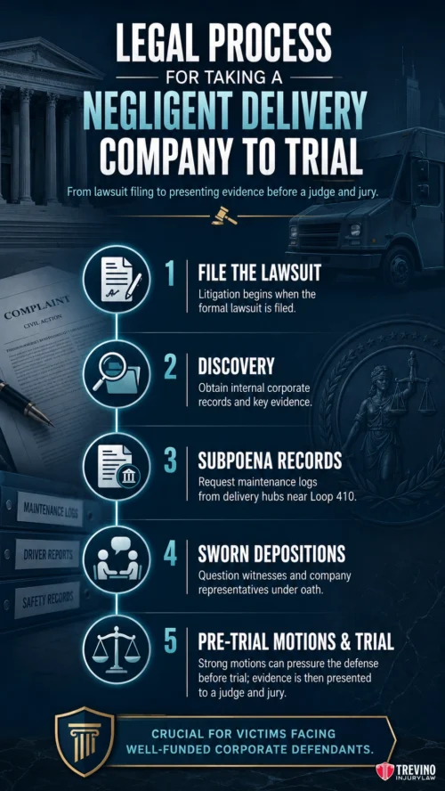 What Is the Legal Process for Taking a Negligent Delivery Company to Trial?. Infographic titled "Legal Process for Taking a Negligent Delivery Company to Trial," with five steps: file the lawsuit, discovery, subpoena records, sworn depositions, and pre-trial motions & trial. Blue icons illustrate each step; gavel and scales in background.