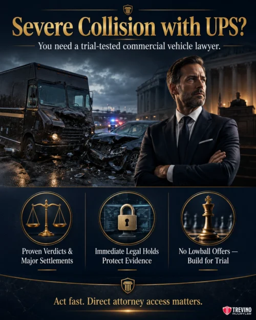 What Kind of Lawyer Do I Need to Sue UPS after a Severe Collision? A lawyer in a suit stands with folded arms beside a collision scene involving a UPS truck and car at night. Text highlights benefits: proven verdicts, legal holds, and no lowball offers. Scales, lock, and gavel icons appear below. Trevino Law Firm logo in corner.