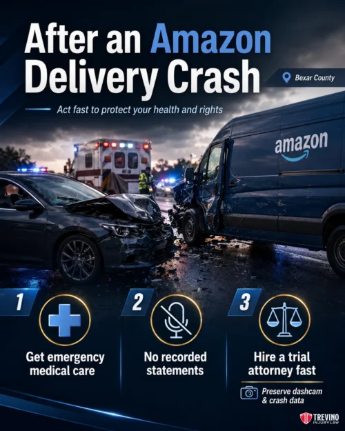 What Legal Steps Must You Take Immediately After an Amazon Delivery Crash?. Two vehicles, a dark car and a blue Amazon van, are badly damaged in a nighttime crash. Police and an ambulance are at the scene. Text gives three steps: get emergency medical care, make no recorded statements, and hire a trial attorney fast.