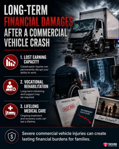 What Long-Term Financial Damages Follow a Severe Commercial Vehicle Impact?. Infographic on long-term financial damages after a commercial vehicle crash. It shows a crashed truck, a man in a wheelchair, and icons for lost earning capacity, vocational rehab, and lifelong medical care. Documents and images imply financial stress and family impact.